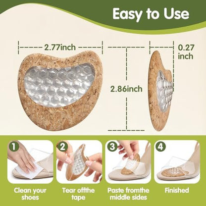 Metatarsal Pads for Women: High Heel Inserts Ball of Foot Cushions, Silicone Gel Shoe Insoles for All Day Comfort, Pain Relief & Support, Washable & Reusable with Eco-Friendly Cork (4, Cork Beige)