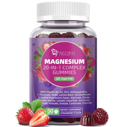 Migcopat Magnesium Complex Gummies, 20 in 1 Magnesium Gummy with Glycinate Citrate Malate Taurate - Ashwagandha, L-Theanine, D3&Zinc for Relaxation, Sleep, Muscle&Heart Support, Strawberry, 60 Cts