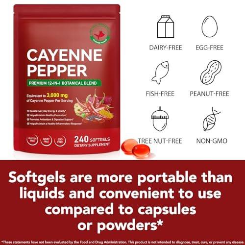 Cayenne Pepper Capsules, Cayenne Pepper Capsaicin Supplements Support Leg Vein, Heart Health and Blood Circulation, with Vitamin E D3 K2 and Extracts of Grape Seed, Beetroot and Turmeric, 240 Softgels - görsel 10