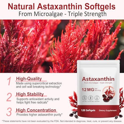 LTQXGT Astaxanthin Supplement – Natural Antioxidant Support – 12mg High Strength Softgels – Clean Formula, Gluten-Free, Easy to Swallow Capsules for Daily Wellness