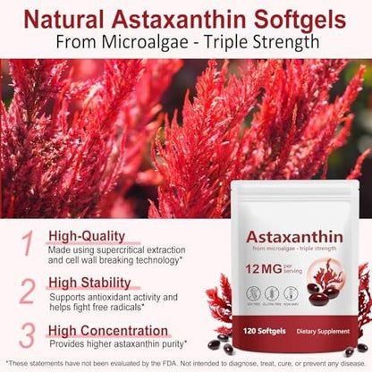 ITSDAWN Astaxanthin 12mg, 120 Softgels - Antioxidant Supplement for Eye, Skin, Immune Support, Natural Microalgae Source, 4 Month Supply