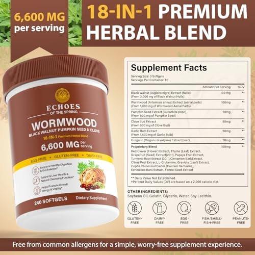 Wormwood Black Walnut Clove Cleanse for Humans – 18-in-1 Herbal Gut Health & Digestive Support Formula, 6600mg per Serving, 240 Softgels 80 Day Supply, with Pumpkin Seed, Garlic & Oregano - görsel 3