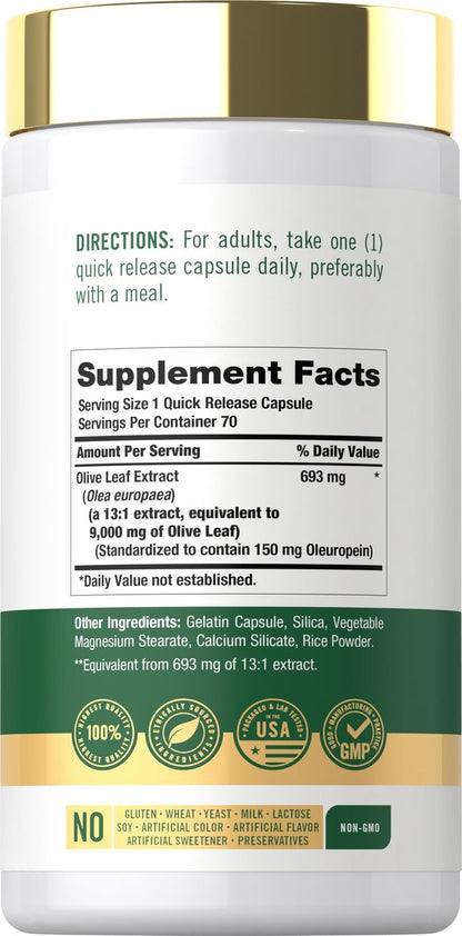 Carlyle Olive Leaf Extract Capsules | 70 Count | Non-GMO, Gluten Free | High Potency Supplement