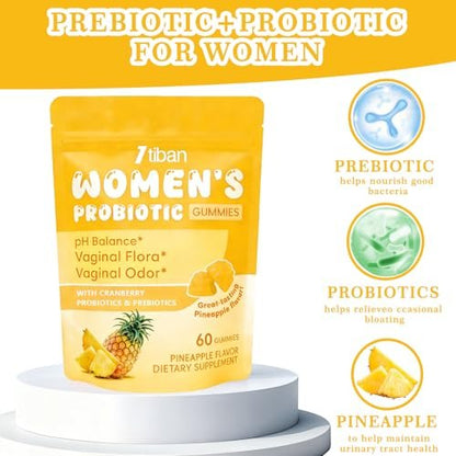 Itiban Vaginal Probiotics Gummies for Women, Premium Feminine pH Balance Gummies, Healthy Odor, Yeast Balance & Flora + Vitamin C for Immune Support, 60ct Pineapple Flavor
