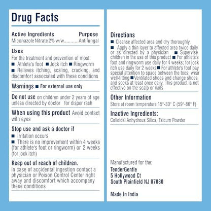 TenderGentle Miconazole Antifungal Powder, 3oz - Good for Jock Itch, Ringworm, and Athletes Foot - for Discomfort, Scaling, Cracking, and Itching Powder