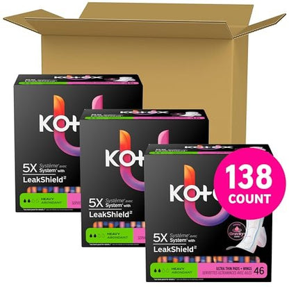 Kotex Ultra Thin Pads with Wings, Heavy Absorbency, 138 Count (3 Packs of 46)