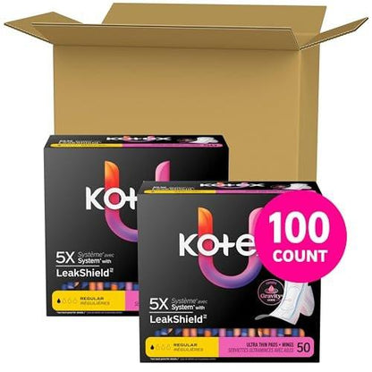 Kotex Ultra Thin Pads with Wings, Regular Absorbency, 100 Count (2 Packs of 50)