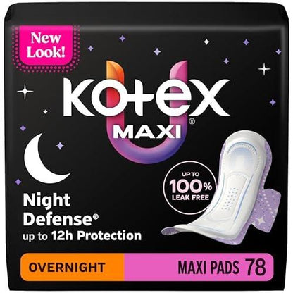 Kotex Overnight Maxi Pads with Wings, 78 Count (3 Packs of 26)