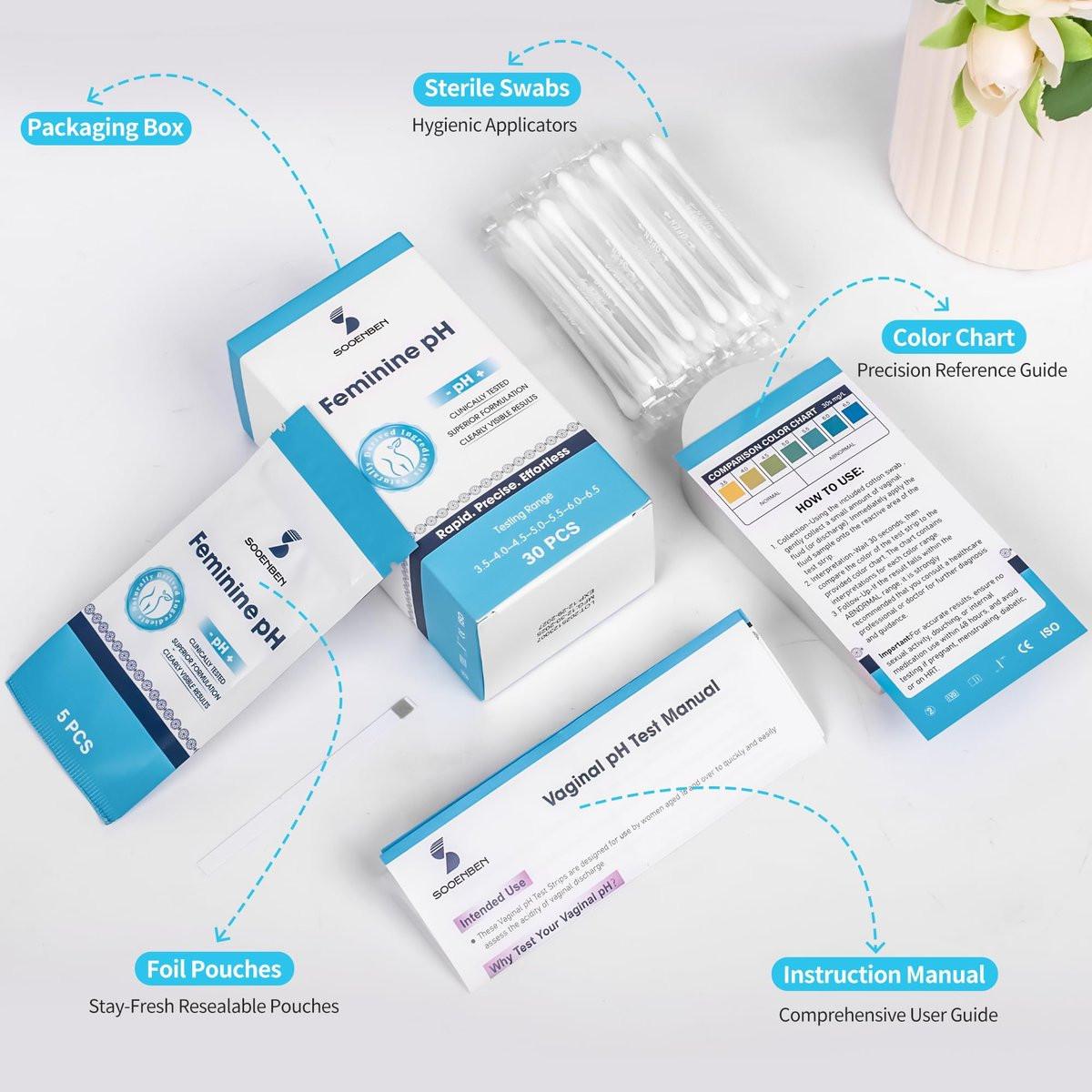Sooenben At-Home Vaginal pH Test Kit: 30 Strips + 30 Individually Wrapped Swabs - Fast & Accurate Feminine Health Monitoring for pH Balance, BV & Yeast Infection - Professional Grade - görsel 1
