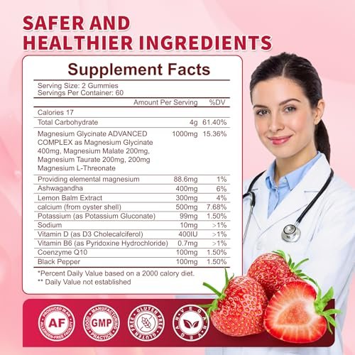 120 CT Magnesium Glycinate Gummies 1000 mg for Women and Men, Magnesium Malate & Taurate Supplements for Sleep, Body Support and Relaxation, Sugar Free, Vegan, Strawberry Flavor - görsel 6