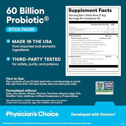 Physician’s Choice 60 Billion CFU Probiotic Stick Packs - 10 Strains + Prebiotics - Immune, Digestive & Gut Health - Supports Occasional Constipation, Diarrhea, Gas & Bloating - for Women & Men - 24CT