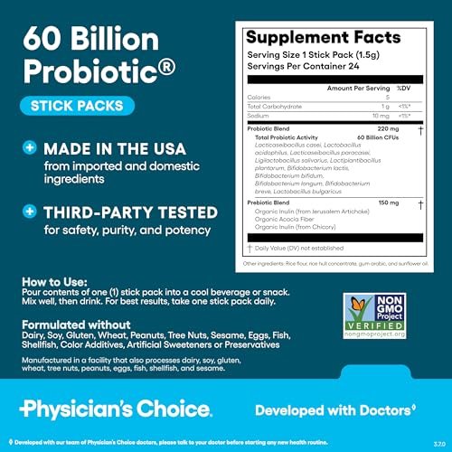 Physician’s Choice 60 Billion CFU Probiotic Stick Packs - 10 Strains + Prebiotics - Immune, Digestive & Gut Health - Supports Occasional Constipation, Diarrhea, Gas & Bloating - for Women & Men - 24CT - görsel 7