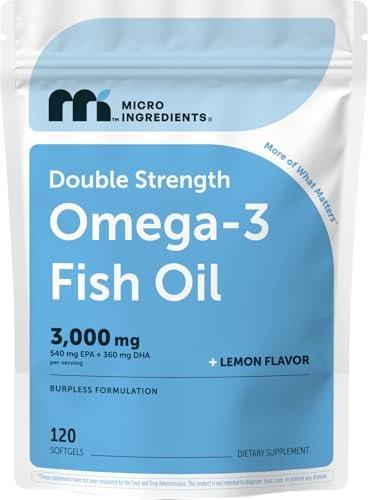Micro Ingredients Omega 3 Fish Oil Supplements 3,000mg Per Serving, 120 Softgels | Lemon Flavored – Burpless | EPA 540mg + DHA 360mg | Deep Sea Fish