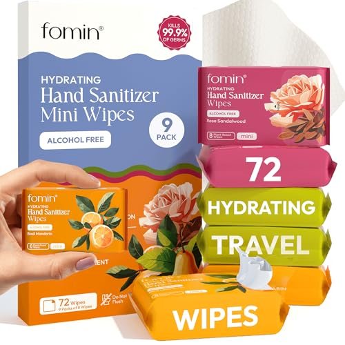 Fomin Mini Hand Sanitizer Wipes 9 Pack (8 Count) - Variety Pack Mini Wet Wipe - pH Balanced, Biodegradable, Antibacterial On The Go Hand Sanitizing Wipes - Hypoallergenic, Plant-Based Travel Wipe - görsel 9