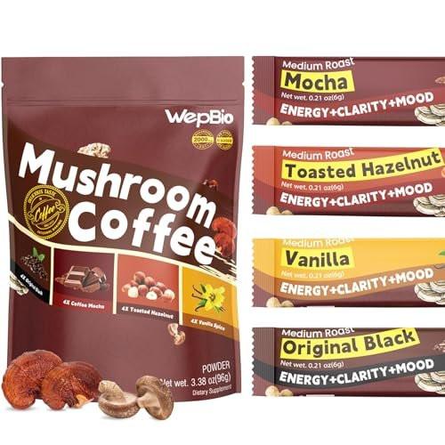 WepBio Mushroom Coffee - 11 in 1 Mushroom Blend with Lions Mane, Ashwagandha KSM-66 & L-Theanine Instant Mushrooms Coffee Packets for Energy, Focus & Digestion Sugar-Free 16 Servings Variety Pack - görsel 2