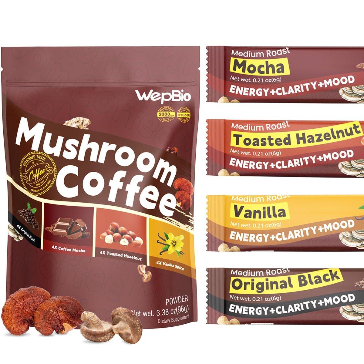 WepBio Mushroom Coffee - 11 in 1 Mushroom Blend with Lions Mane, Ashwagandha KSM-66 & L-Theanine Instant Mushrooms Coffee Packets for Energy, Focus & Digestion Sugar-Free 16 Servings Variety Pack - görsel 1