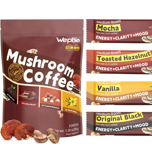 WepBio Mushroom Coffee - 11 in 1 Mushroom Blend with Lions Mane, Ashwagandha KSM-66 & L-Theanine Instant Mushrooms Coffee Packets for Energy, Focus & Digestion Sugar-Free 16 Servings Variety Pack