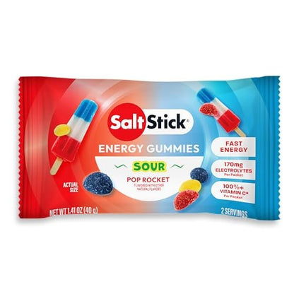 SaltStick Energy Gummies with Electrolytes, Sour Pop Rocket, Easy to Chew Electrolyte Gummy, Energy Chews that Taste Great, Caffeine Free - 10 Packs, 80 Gummies