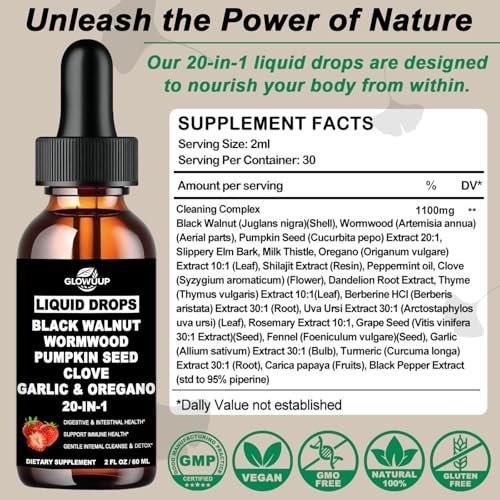 Wormwood Black Walnut Clove Cleanse for Humans Drops, Organic 20-in-1 Herbal Supplement w. Pumpkin Seeds Garlic Oregano Turmeric for Gut Cleanse & Digestive Detox, Max Absorption Than Capsules | Vegan - görsel 9