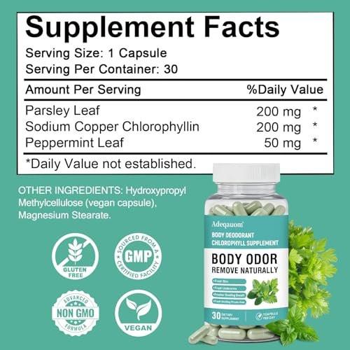 Chlorophyll Capsules Internal Body Deodorant Supplement for Women and Men for Gut Health, Fresh Breath, Skin Health, Detox & Digestion Support, Natural Odor Remove, Vegan, Non-GMO-30 Capsules - görsel 1