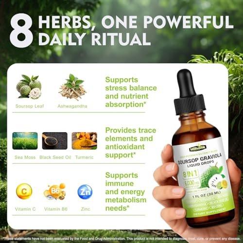 HIIHONE (2 Pack) 8-in-1 Soursop Bitters Liquid – Soursop Leaf Extract Drops with Sea Moss, Ashwagandha & Turmeric for Immune, Liver, Antioxidant & Sleep Support, Lemon Lime Flavor, 1 Fl Oz - görsel 4