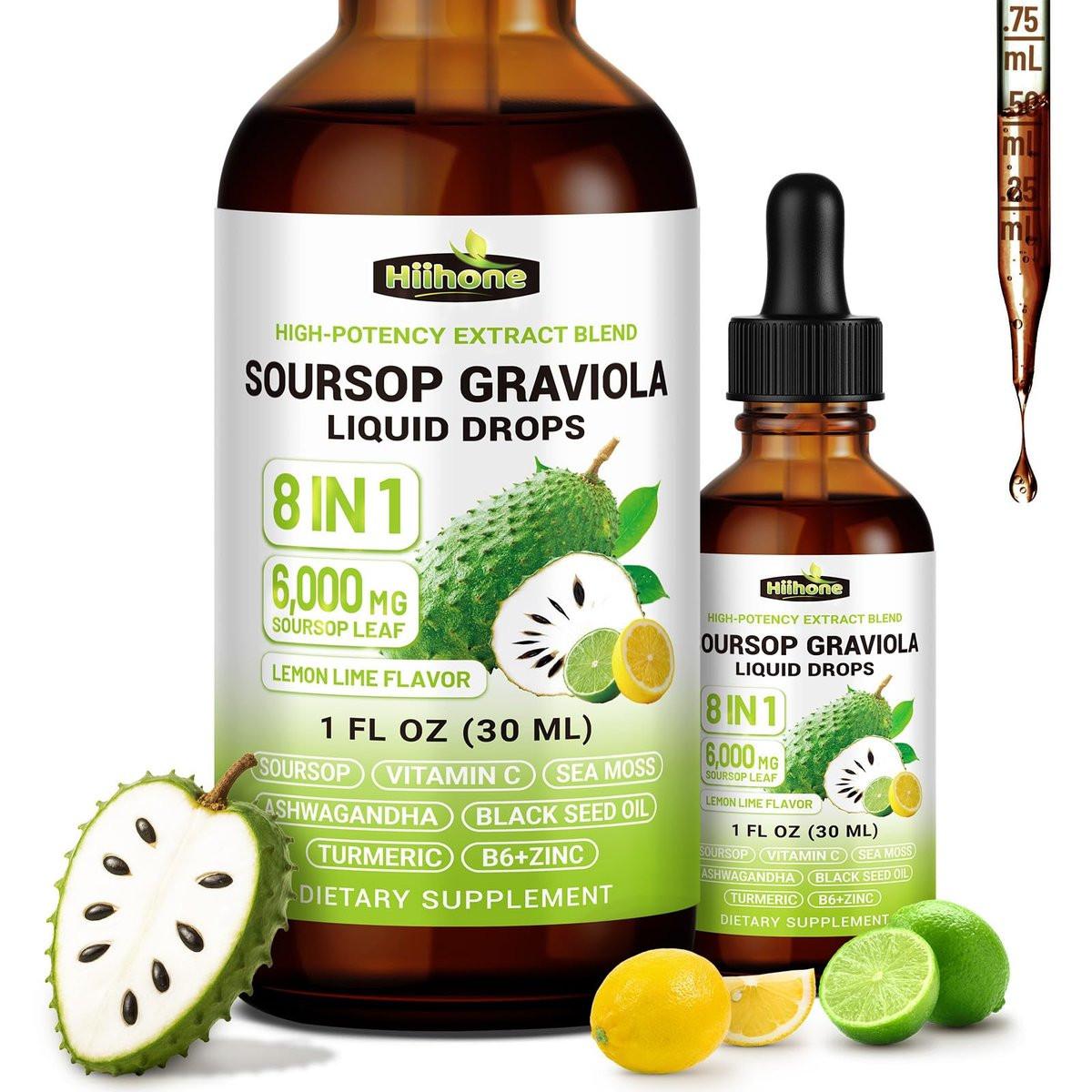 HIIHONE (2 Pack) 8-in-1 Soursop Bitters Liquid – Soursop Leaf Extract Drops with Sea Moss, Ashwagandha & Turmeric for Immune, Liver, Antioxidant & Sleep Support, Lemon Lime Flavor, 1 Fl Oz - görsel 1