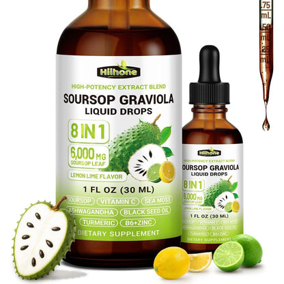 HIIHONE (2 Pack) 8-in-1 Soursop Bitters Liquid – Soursop Leaf Extract Drops with Sea Moss, Ashwagandha & Turmeric for Immune, Liver, Antioxidant & Sleep Support, Lemon Lime Flavor, 1 Fl Oz