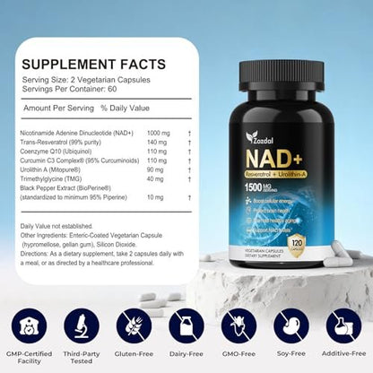 Zozdal NAD+ Supplement 1500mg - 7-in-1 Liposomal Formula with Urolithin A, CoQ10 & Resveratrol - Cellular Energy, Muscle Health & Healthy Aging Support for Women & Men- 120 Capsules