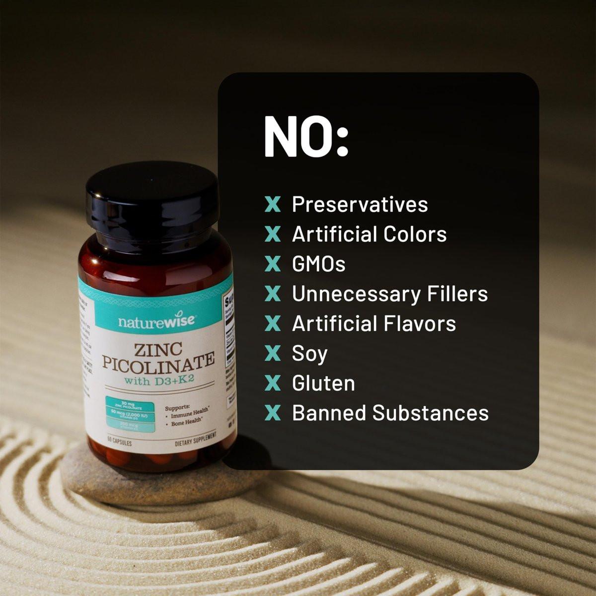 NatureWise Zinc Picolinate with D3 + K2 - Zinc Supplements for Men & Women + Vitamin D3 K2 - Supports Immune & Bone Health* - Non-GMO, Gluten Free, USA Manufactured - 30 Capsules [30 Day Supply] - görsel 6