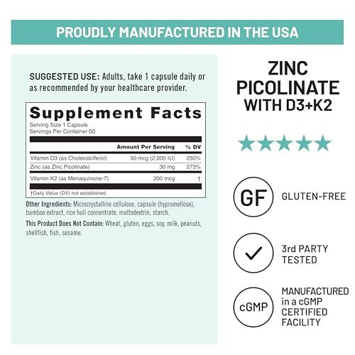 NatureWise Zinc Picolinate with D3 + K2 - Zinc Supplements for Men & Women + Vitamin D3 K2 - Supports Immune & Bone Health* - Non-GMO, Gluten Free, USA Manufactured - 60 Capsules [60 Day Supply] - görsel 12