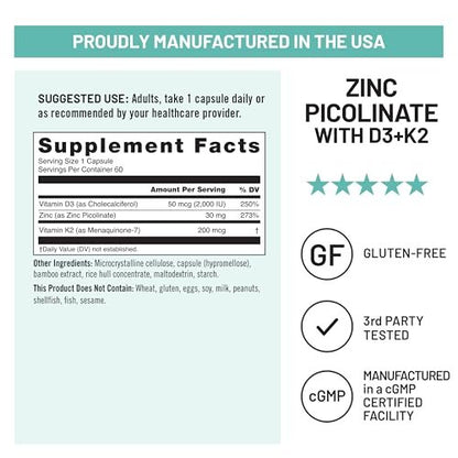 NatureWise Zinc Picolinate with D3 + K2 - Zinc Supplements for Men & Women + Vitamin D3 K2 - Supports Immune & Bone Health* - Non-GMO, Gluten Free, USA Manufactured - 60 Capsules [60 Day Supply]