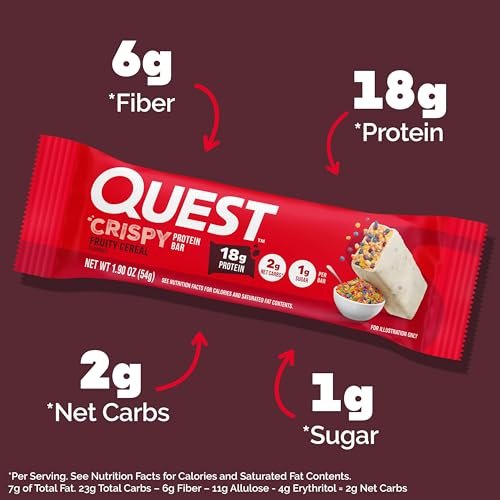 Quest Nutrition Crispy Protein Bar, Fruity Cereal Flavor, 18g Protein, 1g Sugar, 2g Net Carbs, Low Sugar, 12 Count - görsel 8