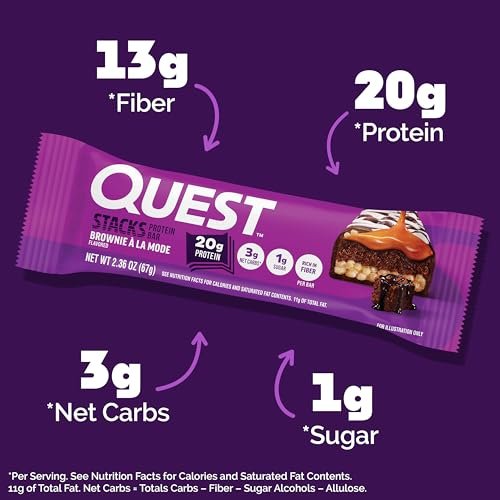 Quest Nutrition Stacks Protein Bars, Brownie a la Mode Flavor, 20g Protein, 3g Net Carbs, 1g Sugar, High Fiber, Low Sugar, Gluten Free, 12 Count - görsel 4