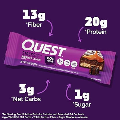 Quest Nutrition Stacks Protein Bars, Brownie a la Mode Flavor, 20g Protein, 3g Net Carbs, 1g Sugar, High Fiber, Low Sugar, Gluten Free, 12 Count