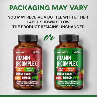 Vitamin B Complex - B1 | B2 | B3 | B5 | B6 | Biotin | B12 | 5-MTHF - Astragalus & Whole Food Blend - Energy, Metabolism & Brain - Vitamins B for Women & Men - Lab Tested - 60 Capsules, 60 Days Supply