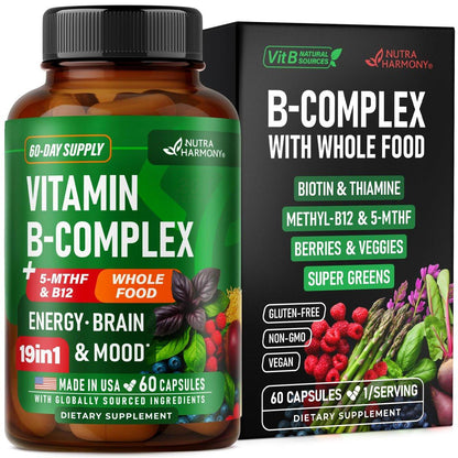 Vitamin B Complex - B1 | B2 | B3 | B5 | B6 | Biotin | B12 | 5-MTHF - Astragalus & Whole Food Blend - Energy, Metabolism & Brain - Vitamins B for Women & Men - Lab Tested - 60 Capsules, 60 Days Supply