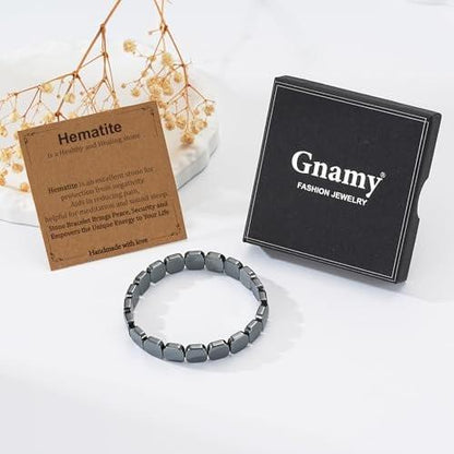 Gnamy Hematite Bracelet for Men, Gifts for Men Him Husband Boyfriend, Natural Hematite Stone Beaded Stretch Healing Bracelets Birthday Inspirational Jewelry Gifts for Man Male