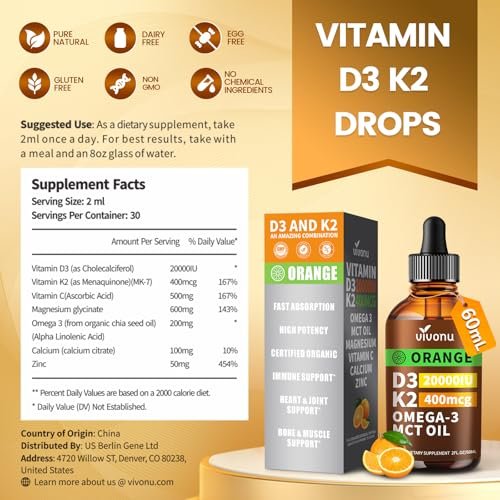VivoNu Vitamin D3 K2 Drops, D3 20000 IU & K2 as MK-7 400mcg with Magnesium, Calcium, Zinc & Omega 3 for Immune*, Mood*, Bone* Health, Orange Flavor Vitamin D Liquid Drops Supplement 1 Bottle/2 Ounces