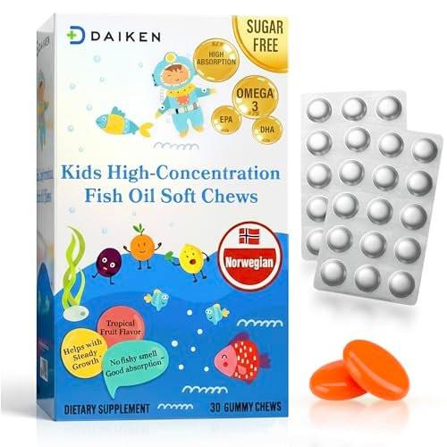 DAIKEN High Concentration Kids Fish Oil Omega-3 Gummies, No Sugar Added, Individually Wrapped, 300 mg Omega-3 (DHA & EPA) with Vitamin D3 for Kid, 30 Count, Tropical Fruit Flavor, Norwegian Sourced - görsel 11