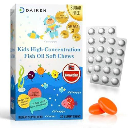 DAIKEN High Concentration Kids Fish Oil Omega-3 Gummies, No Sugar Added, Individually Wrapped, 300 mg Omega-3 (DHA & EPA) with Vitamin D3 for Kid, 30 Count, Tropical Fruit Flavor, Norwegian Sourced