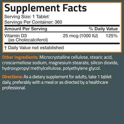 Bronson Vitamin D3 1000 IU (25mcg) Low Dose Vitamin D, 360 Tablets