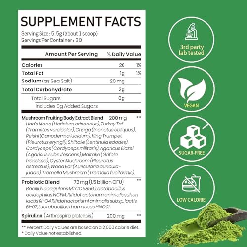 Mushroom Matcha with 12 Mushrooms with Lion's Mane, Chaga and Probiotics, Ceremonial Grade Matcha Powder for Focus, Digestion & Immunity - 30 Servings - görsel 4