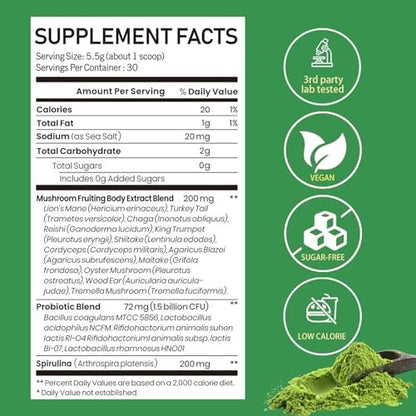 Mushroom Matcha with 12 Mushrooms with Lion's Mane, Chaga and Probiotics, Ceremonial Grade Matcha Powder for Focus, Digestion & Immunity - 30 Servings