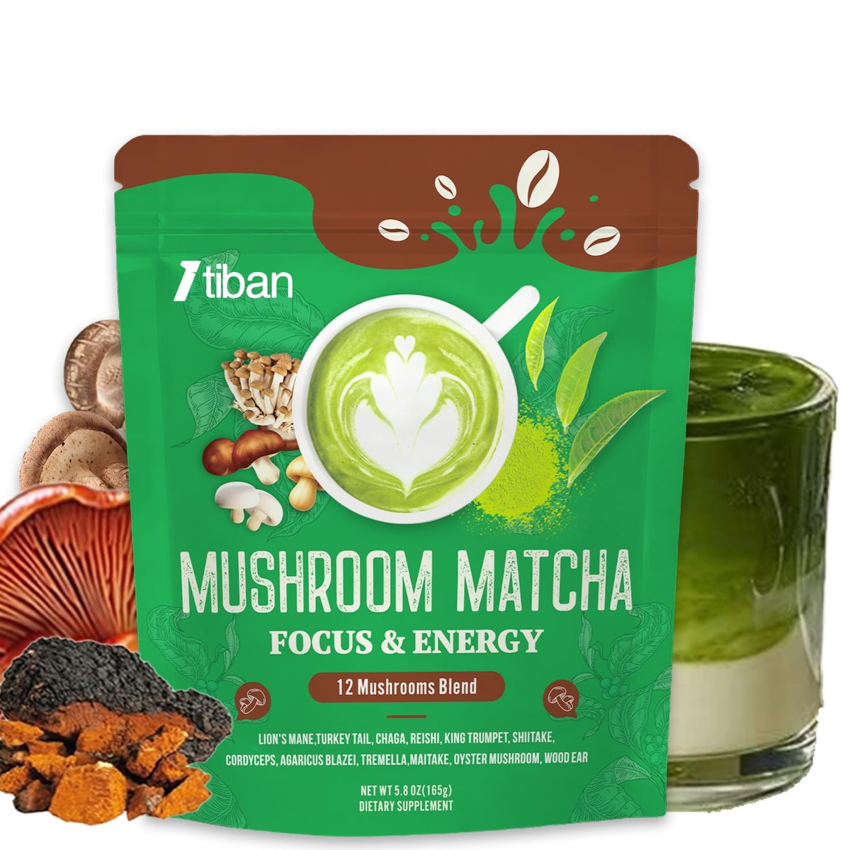 Mushroom Matcha with 12 Mushrooms with Lion's Mane, Chaga and Probiotics, Ceremonial Grade Matcha Powder for Focus, Digestion & Immunity - 30 Servings - görsel 1