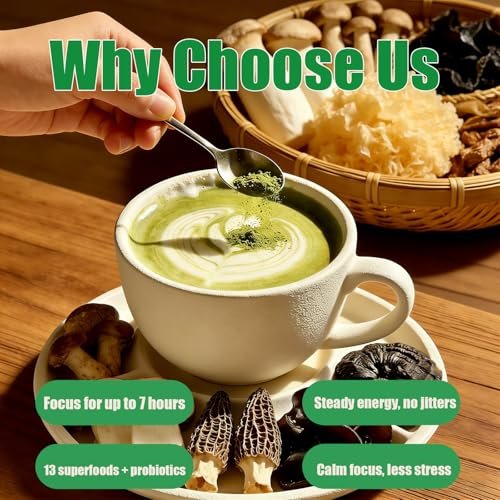 Mushroom Matcha with 12 Mushrooms with Lion's Mane, Chaga and Probiotics, Ceremonial Grade Matcha Powder for Focus, Digestion & Immunity - 30 Servings - görsel 14