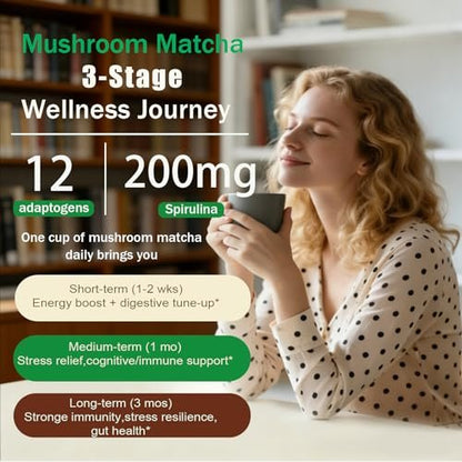 Mushroom Matcha with 12 Mushrooms with Lion's Mane, Chaga and Probiotics, Ceremonial Grade Matcha Powder for Focus, Digestion & Immunity - 30 Servings