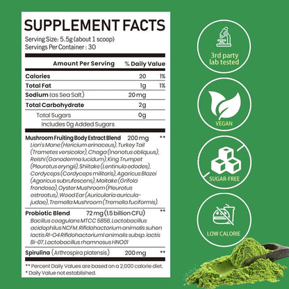 Mushroom Matcha with 12 Mushrooms with Lion's Mane, Chaga and Probiotics, Ceremonial Grade Matcha Powder for Focus, Digestion & Immunity - 30 Servings