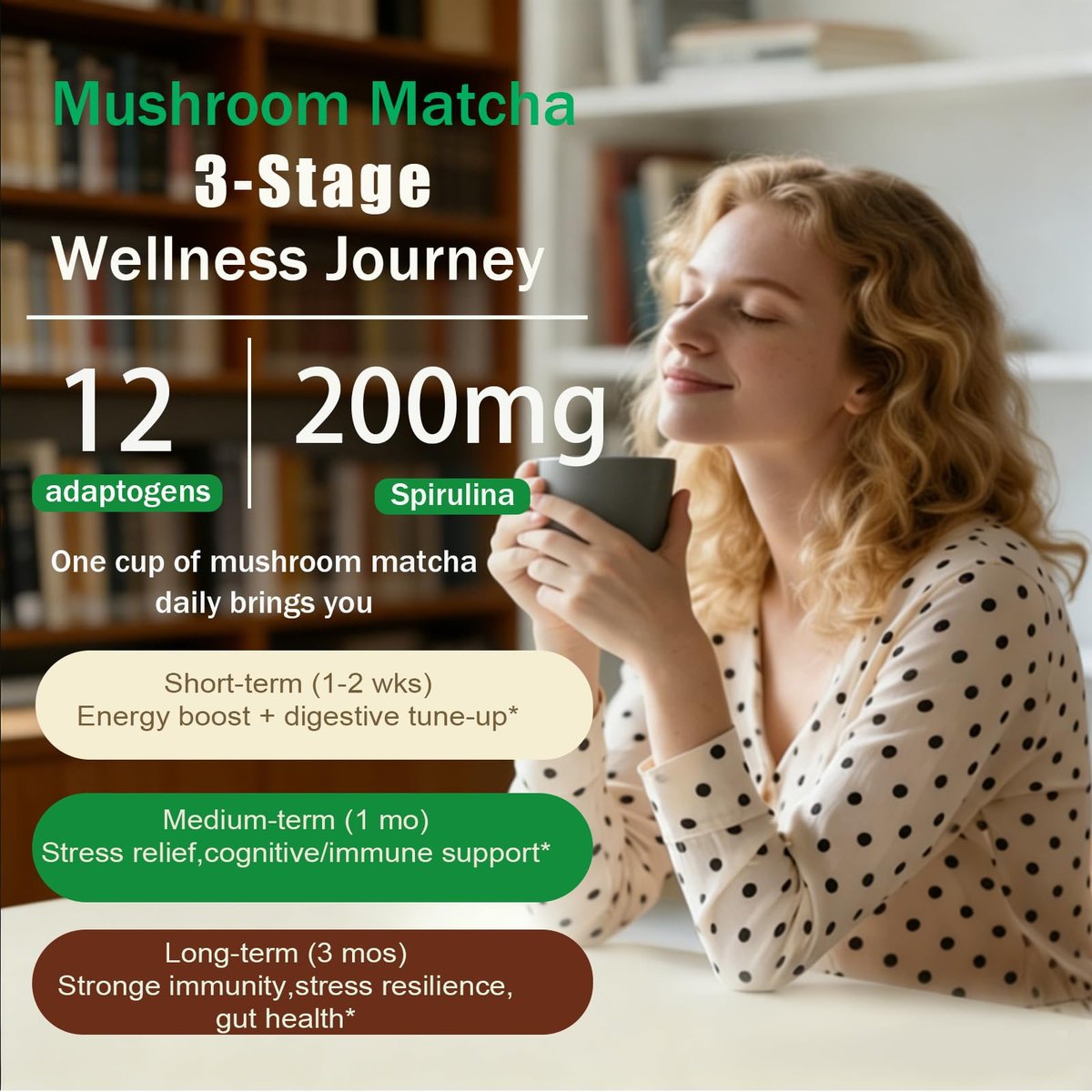Mushroom Matcha with 12 Mushrooms with Lion's Mane, Chaga and Probiotics, Ceremonial Grade Matcha Powder for Focus, Digestion & Immunity - 30 Servings - görsel 9
