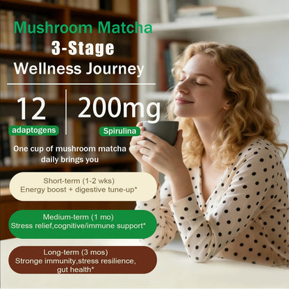 Mushroom Matcha with 12 Mushrooms with Lion's Mane, Chaga and Probiotics, Ceremonial Grade Matcha Powder for Focus, Digestion & Immunity - 30 Servings