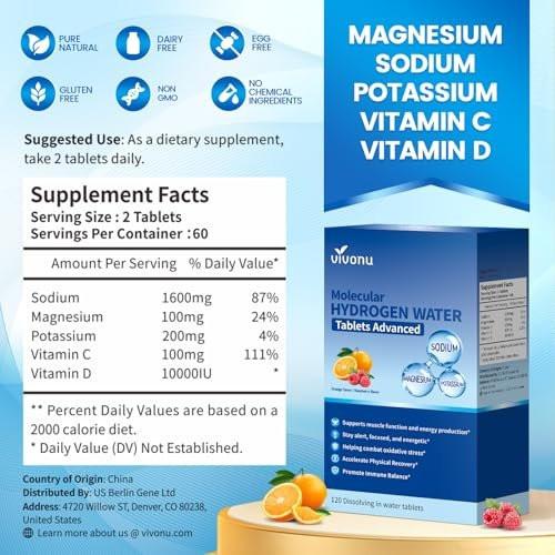 VivoNu Hydrogen Water Tablets with Electrolytes & Magnesium Complex, Vitamin C & D | 2 Flavors Pack (Orange & Raspberry) | Zero Sugar Electrolyte Powder Alternative for Rapid Hydration & Recovery - görsel 9